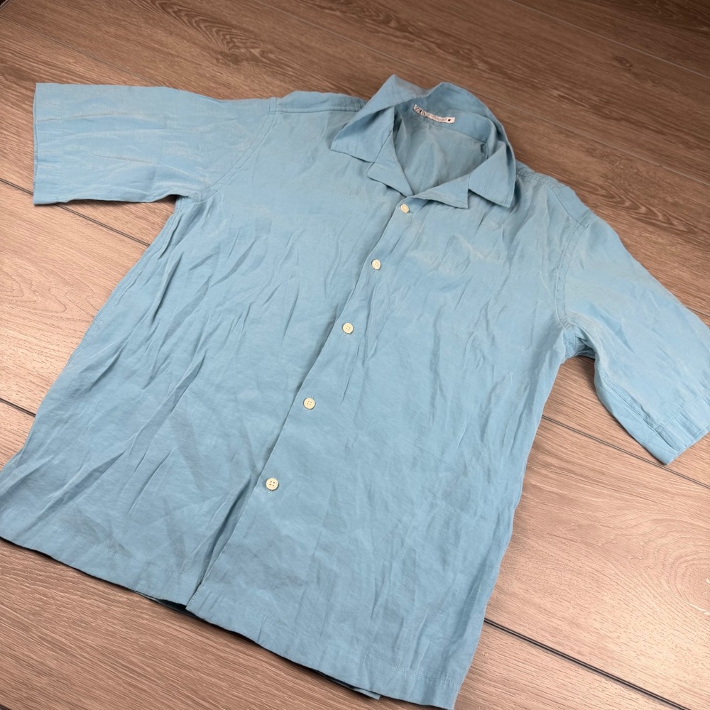 Zara Mens Button Up Shirt Short Sleeve Camp Collar Blue Size S